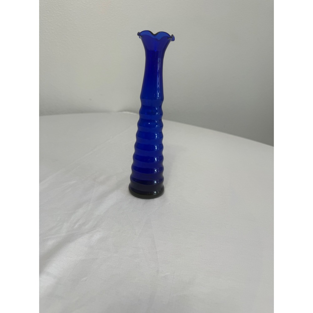 Vintage Cobalt Blue Glass Bud Vase Ringed Beehive Design Scalloped Rim 9 Inch